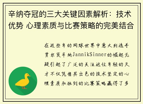 辛纳夺冠的三大关键因素解析：技术优势 心理素质与比赛策略的完美结合