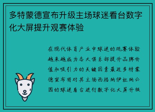 多特蒙德宣布升级主场球迷看台数字化大屏提升观赛体验